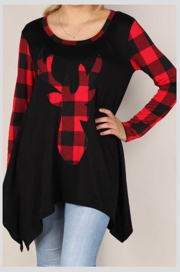 GT-A {Hello My Deer}  Black Red Plaid Deer Graphic Tunic SALE!!! PLUS SIZE XL 2X 3X