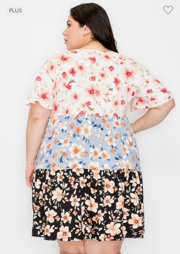 90 PSS-C {Going To Town} Multi-Color Floral Tiered Dress PLUS SIZE XL 2X 3X