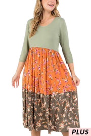 LD-M {Garden Date} Rust/Olive Floral Tiered Dress PLUS SIZE 1X 2X 3X