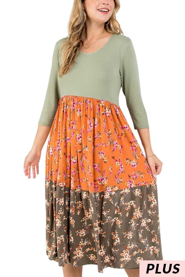 LD-M {Garden Date} Rust/Olive Floral Tiered Dress PLUS SIZE 1X 2X 3X
