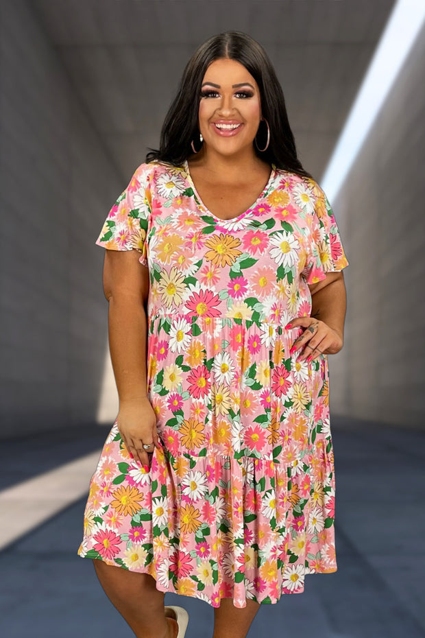 12 PSS-S {Smile And Shine} Pink Floral Print Tiered Dress PLUS SIZE XL 2X 3X