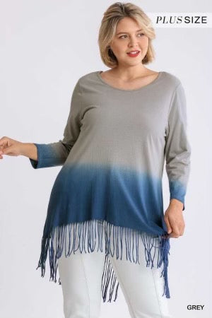 57 PQ-Y {Fringe Says It All} UMGEE Blue/Gray  Ombre Tunic PLUS SIZE XL 1X 2X
