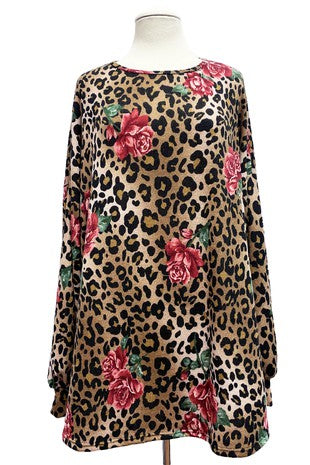26 PLS {Leopard Rose} Brown Leopard Rose Print Top EXTENDED PLUS SIZE 3X 4X 5X