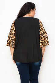 49 OS-P {Go Your Own Way} Black/Leopard Open Shoulder Top EXTENDED PLUS SIZE 4X 5X 6X