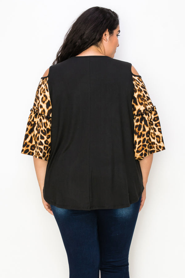 49 OS-P {Go Your Own Way} Black/Leopard Open Shoulder Top EXTENDED PLUS SIZE 4X 5X 6X