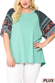 54 CP-A {Aqua Garden} Aqua Tunic w Floral Sleeves Plus Size XL 2X 3X