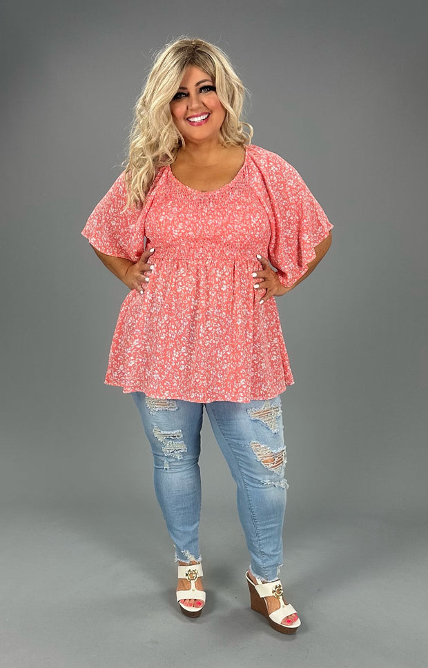 32 PSS-G {Good Things Are Here} Peach Floral Smocked Top PLUS SIZE XL 2X 3X