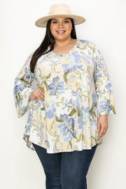 74 PQ {Charming Florals} Ivory/Blue Floral V-Neck Top EXTENDED PLUS SIZE 3X 4X 5X