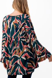96 PLS-R {WAITING ON LOVE} GREEN/MAUVE PRINT BABYDOLL TOP PLUS SIZE 1X 2X 3X