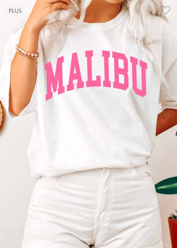 30 GT-H {Malibu} White/Pink MALIBU Graphic Tee PLUS SIZE 1X 2X 3X