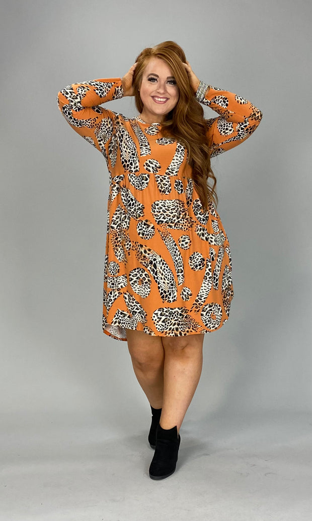 37 PLS-C {Caught Up}  Orange Leopard Babydoll Dress PLUS SIZE 1X 2X 3X