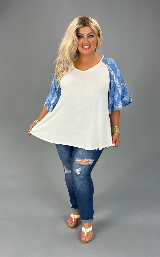 84 CP-E {Dreaming Of Love} Ivory/Denim Blue Print Top PLUS SIZE 1X 2X 3X