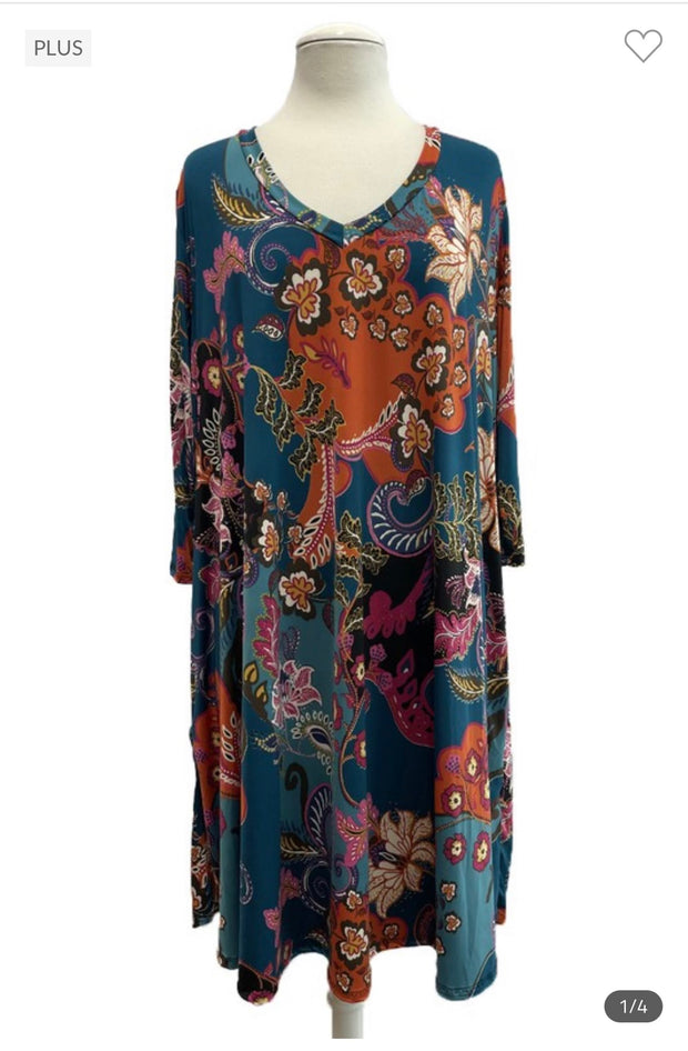 79 PQ-X {No Filters} Teal Floral V-Neck Dress  SALE!!!  EXTENDED PLUS SIZE 3X 4X 5X