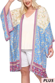 13 OT-V {Lake Ready} Blue/Cream Floral Kimono PLUS SIZE XL 1X 2X