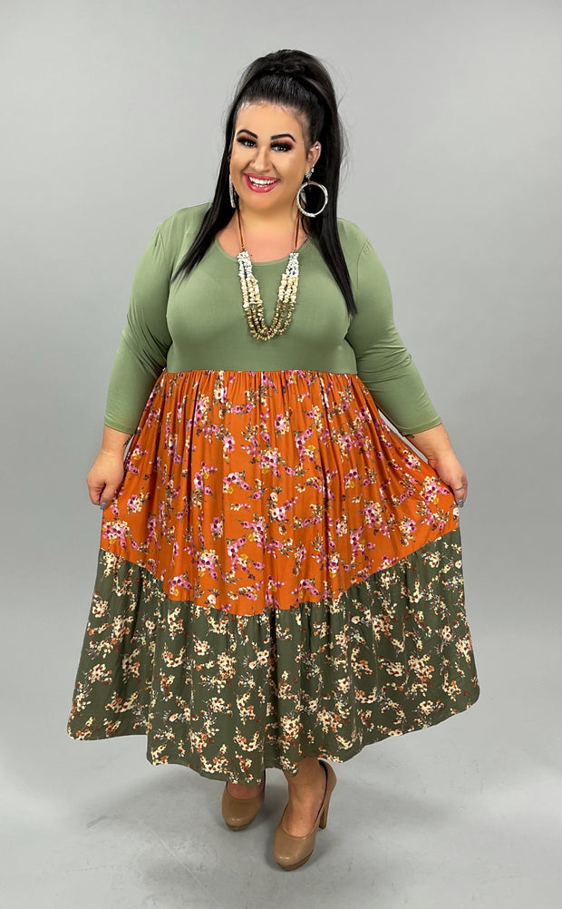 LD-D {Blooming Babe} Sage/Rust/Olive Tiered Dress PLUS SIZE 1X 2X 3X