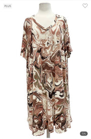 68 PSS-A {Such A Stunner} Brown Marbled Print V-Neck Dress EXTENDED PLUS SIZE 3X 4X 5X