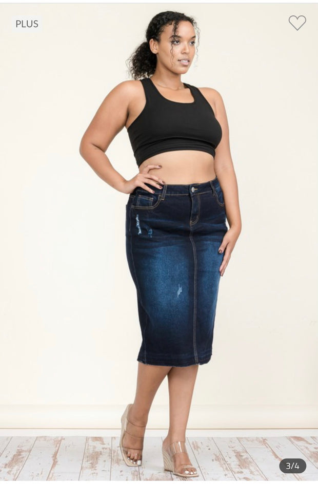 BT-99 {Lighten The Mood} Dk Indigo Denim Distressed Skirt  PLUS SIZE 1X 2X 3X