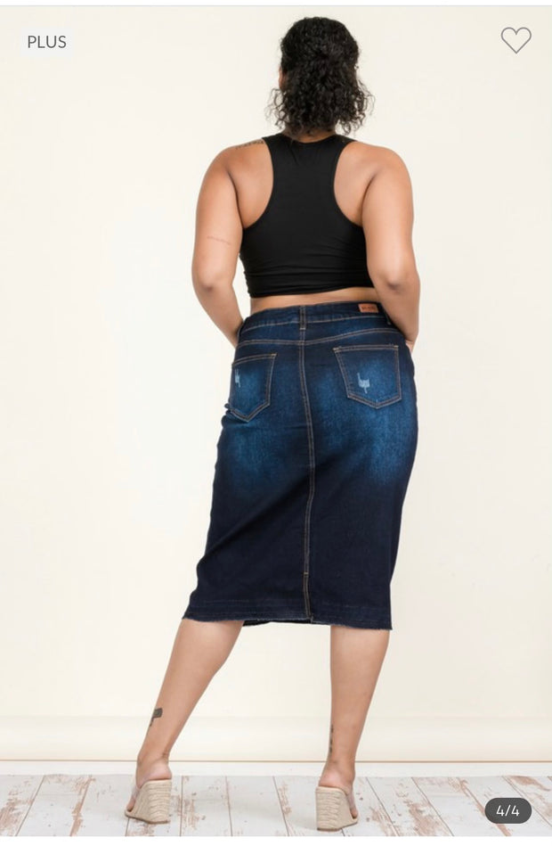 BT-99 {Lighten The Mood} Dk Indigo Denim Distressed Skirt  PLUS SIZE 1X 2X 3X