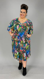 75 PSS-U {Hoping To Fly} Blue Green Butterfly V-Neck Dress  EXTENDED PLUS SIZE 1X 2X 3X 4X 5X