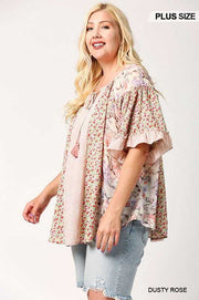 24 CP-W {Made The News} Dusty Rose Mixed Print Top PLUS SIZE XL 1X 2X