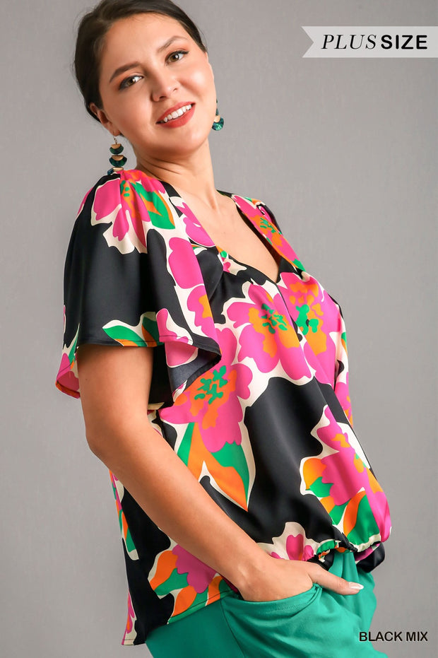 55 PSS {Ready To Party} Umgee Black Fuchsia Floral Top PLUS SIZE XL 1X 2X