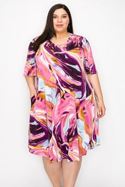 14 PSS-B {Just Relax} Fuchsia/Multi Color Print V-Neck Dress EXTENDED PLUS SIZE 3X 4X 5X