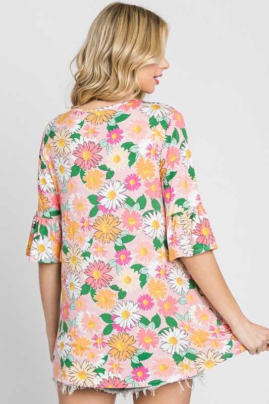 13 PQ-A {Ever Bloom} Pink Floral V-Neck Top  PLUS SIZE XL 2X 3X