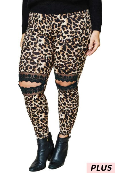 LEG-7  {Move It or Lose It}  Leopard Leg Lace Open Knee PLUS SIZE 1X 2X 3X