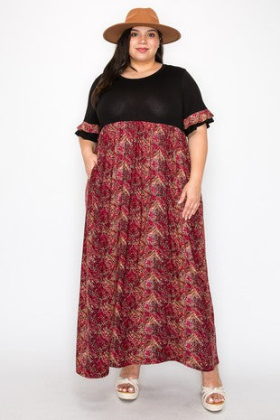 LD-A {Stylish Setting} Black/Wine Print Maxi Dress EXTENDED PLUS SIZE 3X 4X 5X