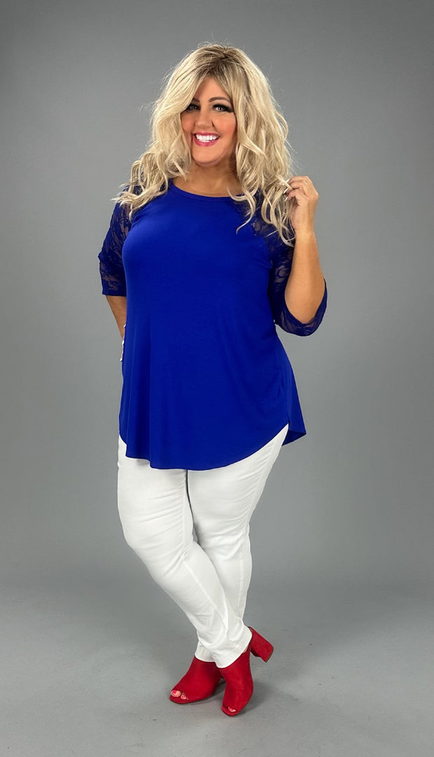 63 CP-A {Take Me To The Top} Bright Blue Lace Sleeve Top PLUS SIZE 1X 2X 3X