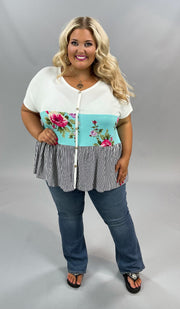 63 CP-C {Lovely Life} Blue Floral & Stripe Contrast Top PLUS SIZE XL 2X 3X