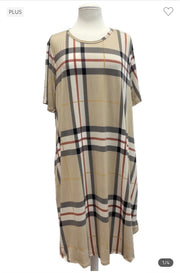 97 PSS-T {Whole Lot Of History} Taupe Plaid Print Dress PLUS SIZE 1X 2X 3X