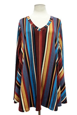 12 PLS {Makes You Happy} Rust/Teal Stripe Print V-Neck Top EXTENDED PLUS SIZE 3X 4X 5X