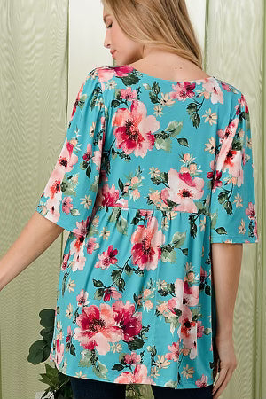 98 PSS-A {Living On Love} Turquoise Floral Print Top PLUS SIZE 1X 2X 3X