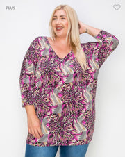 57 PQ-A {Make It Official} Magenta Print V-Neck Tunic EXTENDED PLUS SIZE 3X 4X 5X