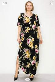 LD-M {Enchanting Memory} SALE!  Black Floral V-Neck Long Dress  SALE!!!!  PLUS SIZE 1X 2X 3X