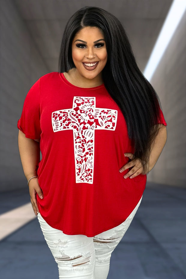 98 GT-B {In The Cross Is Life} Red Tunic w/Ivory Cross CURVY BRAND!!!  EXTENDED PLUS SIZE XL 2X 3X 4X 5X 6X