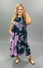LD-B {Calming Vibes} Navy/Lavender Tie Dye Sleeveless Dress PLUS SIZE 1X 2X 3X