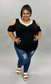 52 OS-A {Incredible Look} Black Ivory Crochet Neck Top PLUS SIZE 1X 2X 3X