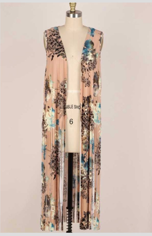 LD-N {Based On Fun} Tan/Blue Floral Vest W/Fringe SALE!!!  PLUS SIZE 1X 2X 3X