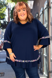 73 CP-C {Never Ending Story}  NAVY Tunic w/Floral Contrast CURVY BRAND!!!  EXTENDED PLUS SIZE 4X 5X 6X. SALE!!