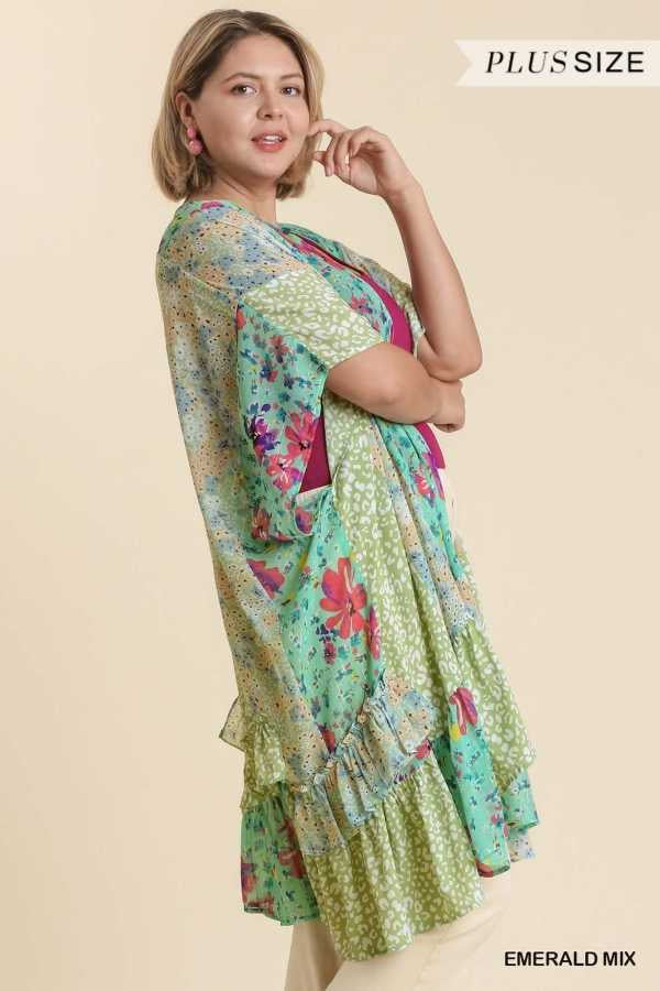 35 OT-K {Look Ahead} Umgee Mint Multi-Print Kimono PLUS SIZE XL/1X  1X/2X
