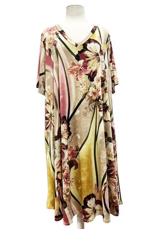 15 PSS-F {Show The World} Taupe/Pink Floral V-Neck Dress EXTENDED PLUS SIZE 3X 4X 5X