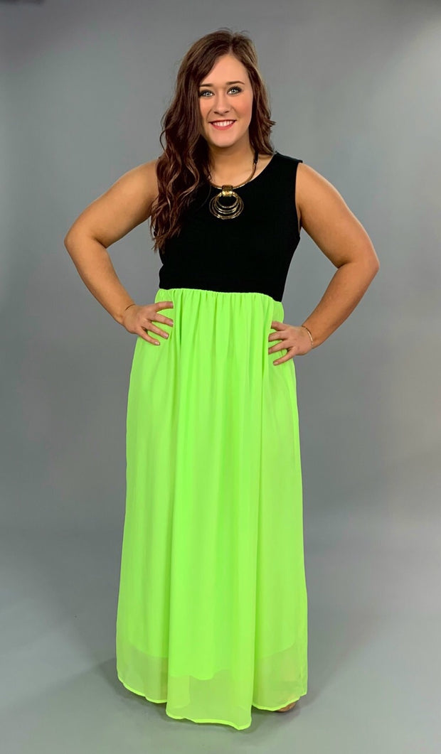 LD-S {Glam It Up} Black/Neon Lime Maxi Dress with Lining