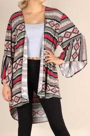 OT-C {Fall In Line} Black, Grey, Red Printed  Bell Sleeve Cardigan   PLUS SIZE 1X 2X 3X