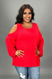 27 OS {Hear Me Out} Red Cold Shoulder Top PLUS SIZE 1X 2X 3X