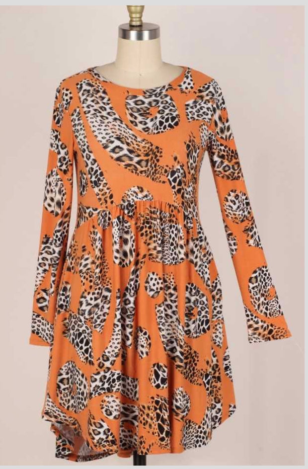 37 PLS-C {Caught Up}  Orange Leopard Babydoll Dress PLUS SIZE 1X 2X 3X
