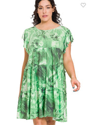 31 PSS-W {The World Is Your Oyster} Green Tie Dye Tiered Dress PLUS SIZE 1X 2X 3X