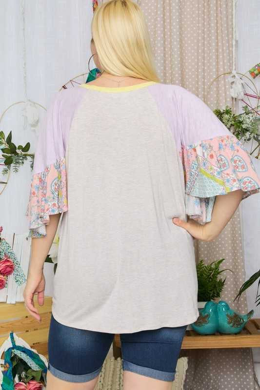 24 CP-V {Light The Way} Yellow/Lilac Floral Sleeve Top PLUS SIZE XL 2X 3X