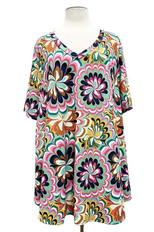 28 PSS {Pinwheel Attraction} Mint/Pink/Navy Print V-Neck Top EXTENDED PLUS SIZE 4X 5X 6X